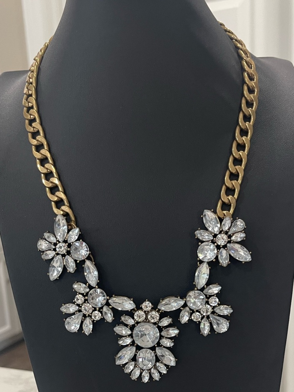 Vintage Crystal Bursting Blooms Cluster Statement Necklace Gold Tone